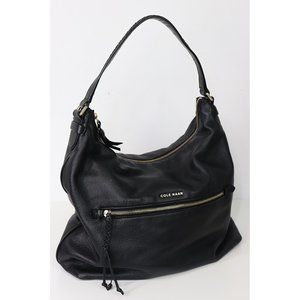 Cole Haan Genuine Leather Shoulder Bag Slouch Mid Size Hobo Purse Black Gold OS